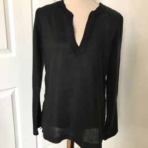 Black Linen Long Sleeve Blouse Top Side Slits M